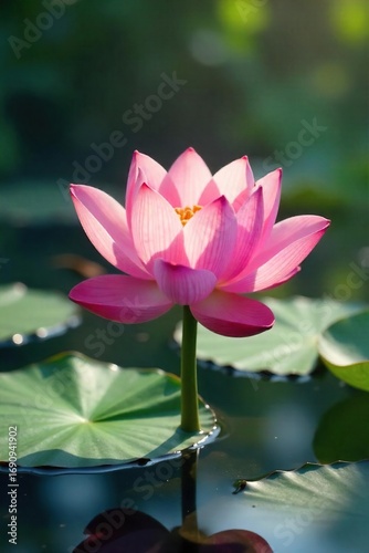 Wallpaper Mural Serene pink lotus flowers blossom on a calm, clear pond, sunlight gently illuminating the petals and leaves Ideal for spa, meditation, serenity, and nature themes , yoga, bloom Torontodigital.ca