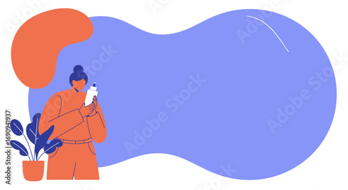 Woman holding a skincare product bottle, illustrating self-care and beauty routines. Ideal for beauty blogs, cosmetic advertising, and wellness concepts with copy space.