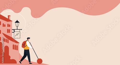 A stylish traveler with a backpack walks through a picturesque old town street, perfect for themes of tourism, urban exploration, and leisure travel.