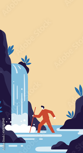 Person confidently walks through a river by a stunning waterfall and cliffs, embodying adventure and the journey of exploration. Perfect for travel or challenge concepts.