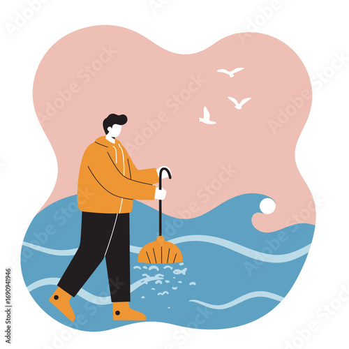 Dedicated person cleaning a water body with a rake, symbolizing environmental protection, marine conservation, and ecological responsibility.