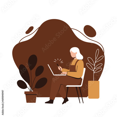 Modern woman focused on digital tasks, using a laptop and smartphone in a stylish home environment. Ideal for remote work, online learning, or tech-savvy lifestyle concepts.