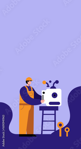 Professional technician in overalls repairing a complex machine, symbolizing expert service, maintenance, and technical support. Ideal for business and industry concepts.