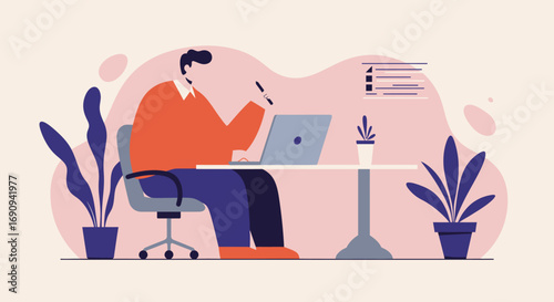 A focused man in a modern flat design illustration works on his laptop, holding a pen, amidst plants. Perfect for business, remote work, online education, or creative concepts.
