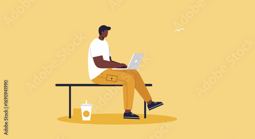 Modern Black man working on a laptop while sitting on a bench outdoors, enjoying remote work flexibility. Ideal for concepts of productivity, digital nomad lifestyle, and urban connectivity.