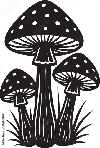 Black and white illustration of three spotted mushrooms with grass fungi toadstools