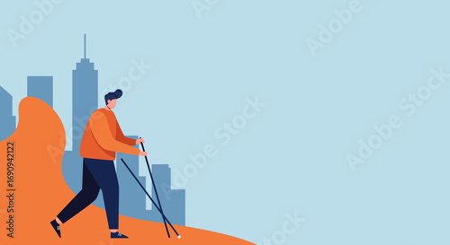 Man walks with poles through a modern urban landscape, representing active lifestyle, health, and accessible outdoor exercise in the city. Ideal for wellness and travel concepts.