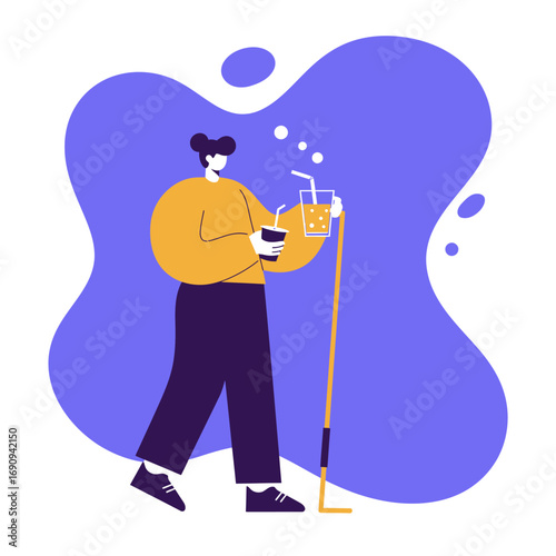 Person enjoys a refreshing beverage and a carry-out drink while walking with a golf club, representing leisure, active lifestyle, and hydration.
