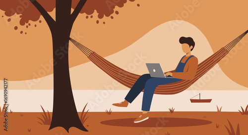 Man working on a laptop in a hammock outdoors by a serene lake, illustrating remote work, relaxation, and a flexible lifestyle amidst nature.