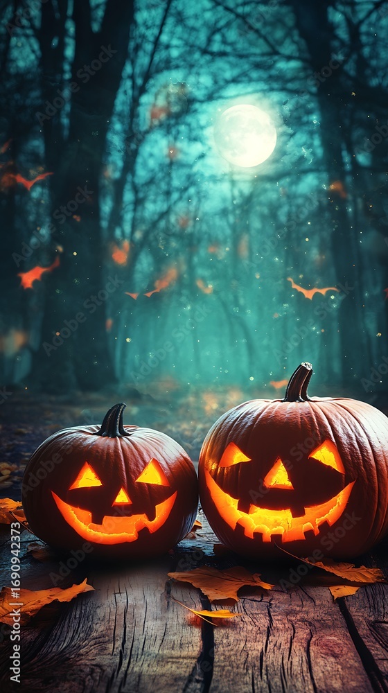 Naklejka premium Two spooky jack o lanterns glow on a wooden table in a dark forest under a full moon