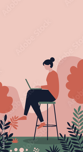Woman working on a laptop outdoors in a serene natural setting. Illustrates remote work, freelance lifestyle, and digital connectivity with nature.