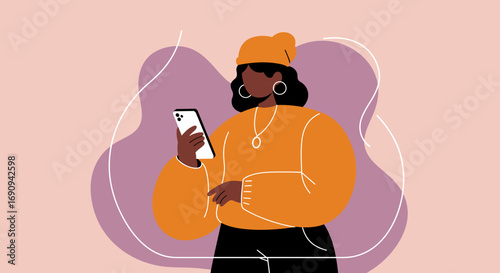Stylish woman in cozy attire using her smartphone, embodying modern digital communication and social networking. Ideal for technology, lifestyle, and app concepts.