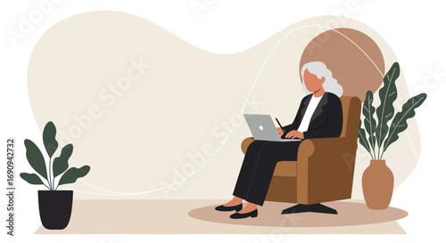Mature businesswoman working remotely on her laptop in a comfortable, modern home office with plants. Ideal for concepts of productivity, online learning, and professional lifestyle.