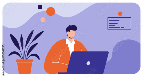 Focused man working on a laptop in a modern, minimalist home office. Represents remote work, online learning, and digital productivity for business and lifestyle.