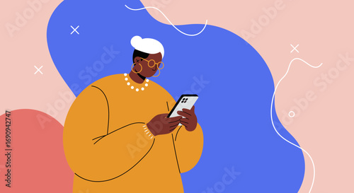 Modern person engaging with a smartphone, representing digital communication, social media, and online connectivity in a vibrant, abstract setting.