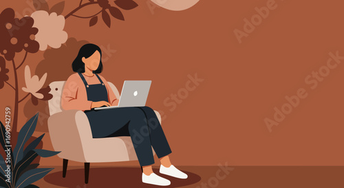 Young woman comfortably working on her laptop in an armchair at home, surrounded by plants. Perfect for remote work, freelancing, and modern digital lifestyle concepts.