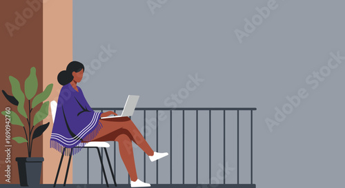 Woman working on laptop from her balcony, embodying remote work and modern lifestyle. Ideal for themes of productivity, digital freedom, and urban living.