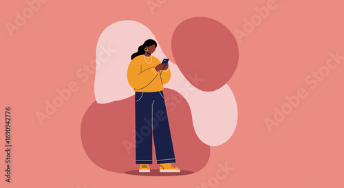 Young woman focused on her smartphone, engaging with digital content or communicating online. Represents modern lifestyle, connectivity, and technology use.