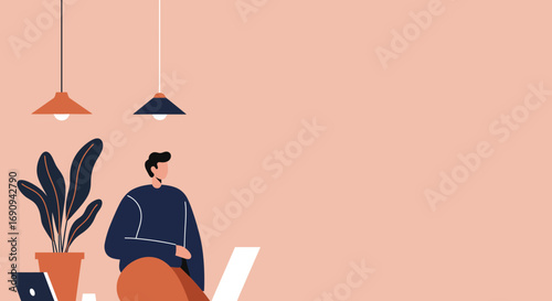 Minimalist illustration of a man working from home with a laptop and plant, depicting modern remote work, productivity, and a calm workspace environment.