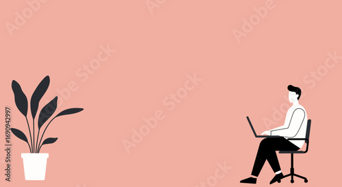 Minimalist illustration of a person focused on working with a laptop in a calm, modern environment. Ideal for concepts of remote work, productivity, or online learning.