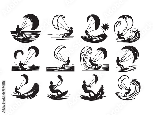 Collection of Twelve Black and White Vector Icons Depicting Kite Surfing Scenes Keywords: kite surfing, kitesurfing, kiteboarder, kiteboarding, water sports, extreme sports, recreation, action