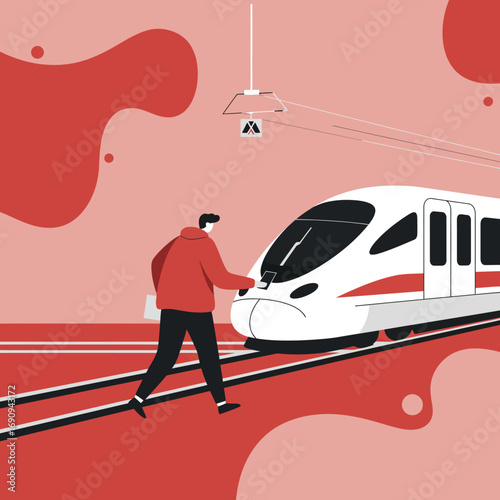 Man uses smartphone while walking alongside a modern train on a platform, illustrating urban commute, travel, and mobile technology.
