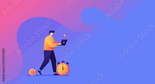 Illustrative man managing online tasks with a laptop, symbolizing digital business, time management, and financial opportunities. Ideal for modern work concepts.