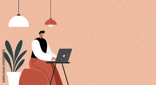 Modern man working remotely on a laptop at a minimalist home office, ideal for business, technology, and lifestyle concepts like online learning or freelance work.