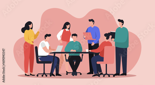 Professional team collaborating in a modern office meeting, discussing strategy and ideas. Represents teamwork, business partnership, and corporate development.