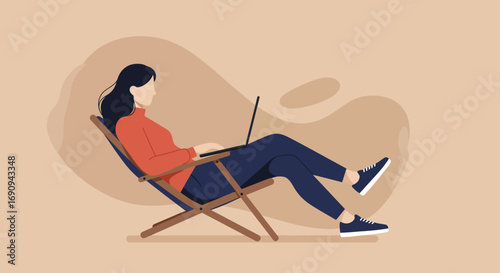 Woman comfortably working remotely on a laptop from a lounge chair, embodying modern flexible work-life balance and digital productivity. Ideal for lifestyle and business concepts.
