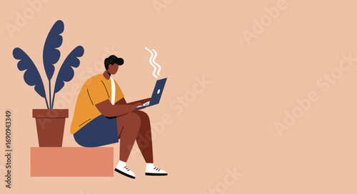 Young man working remotely on a laptop with a potted plant nearby, illustrating flexible work, online learning, or casual digital lifestyle.