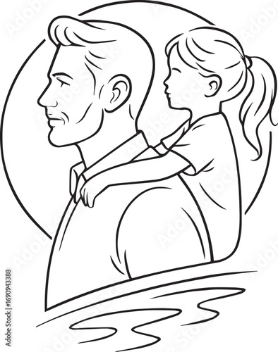 Father and Daughter Silhouette in Oval Frame Keywords: father, daughter, family, love, child, parent, silhouette, outline, drawing, sketch, portrait, oval, frame, embrace, hug, bond, relationship