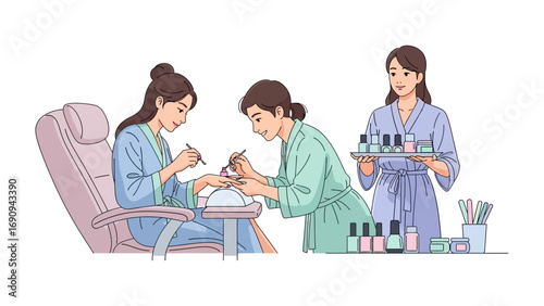 Two women receiving manicures in a salon with a technician holding a tray of nail polish bottles and tools on a white background