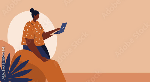 Person with dark skin using a laptop outdoors in a vibrant, abstract landscape. Represents remote work, freelance, online learning, and digital lifestyle.