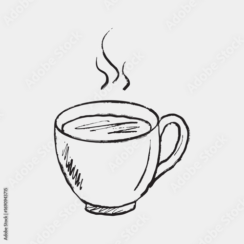 Hand-drawn sketch of a tea cup with steam rising, indicating a hot beverage. Vector sketch vintage style illustration, World tea day. Cafe design, restaurant menu, hot beverage, lunch time
