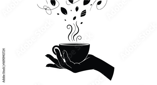 Hand holding a steaming cup of coffee with swirling steam and abstract elements rising