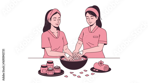Two young women in pink pajamas and headbands enjoying a relaxing spa day at home with facial masks and skincare products