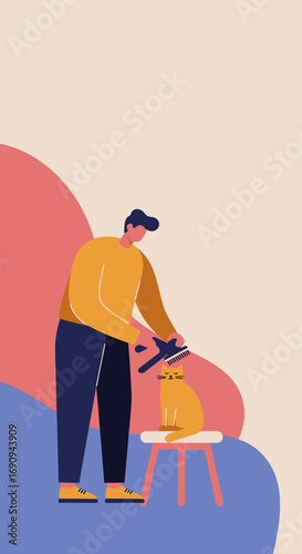 Man gently brushes his cat, showing affectionate pet care and responsible ownership. Ideal for illustrating pet services, home life, or animal well-being.
