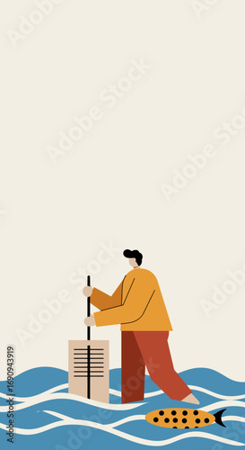 Person in water with a fish trap or environmental monitoring device, symbolizing aquaculture, fishing, or aquatic research. Flat illustration.