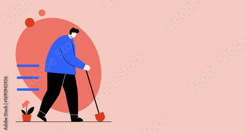 Illustration of a person diligently using a shovel, representing effort, growth, and task completion in various fields like gardening or project development. Copy space available.