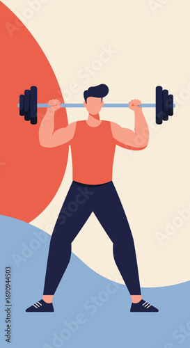 A strong man in athletic wear performing a weightlifting exercise with a barbell, demonstrating fitness and determination. Ideal for health, gym, and wellness promotions.