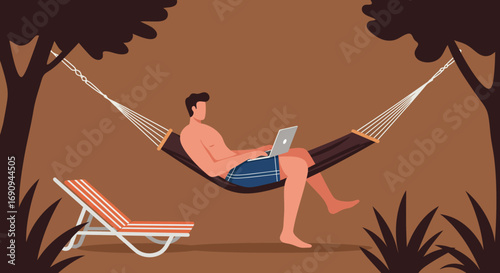 Man working on laptop in a hammock outdoors, symbolizing remote work, digital nomad lifestyle, and relaxed productivity.