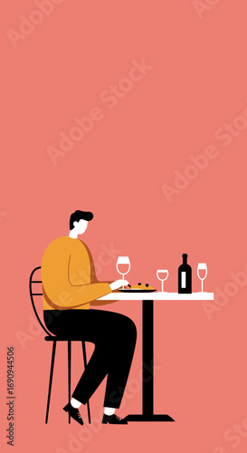 Minimalist illustration of a man dining at a restaurant table with food and wine. Represents leisure, lifestyle, and a pleasant dining experience.