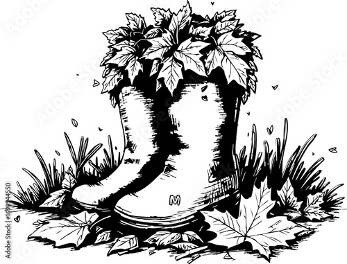 Nature's beauty vintage rubber boots surrounded by greenery illustrative art outdoor scene artistic perspective eco-friendly