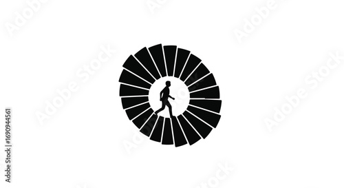 Silhouette of a person running up spiral stairs in a conceptual circular design