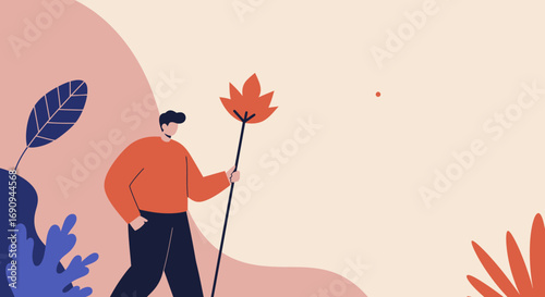 Stylized illustration of a man holding a leaf in an abstract nature setting, representing harmony with the environment and a simple, healthy lifestyle.
