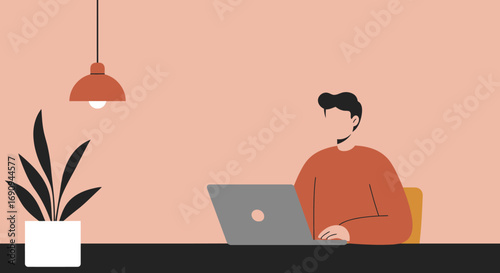 A person focused on work using a laptop in a minimalist home or office setting. Ideal for themes of remote work, productivity, online education, and modern lifestyle.