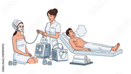 Professional beautician administering oxygen therapy facial treatment to a woman and a man in a spa setting