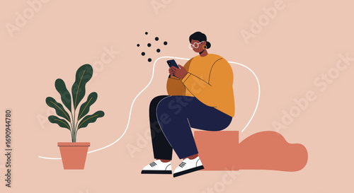 Relaxed person uses a smartphone for social media, communication, or browsing in a minimalist setting. Represents digital lifestyle, online connection, and modern technology use.