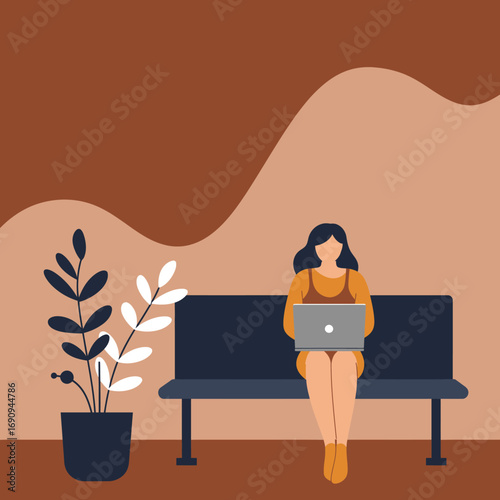 Woman working on laptop, sitting on a bench in a modern minimalist space. Represents remote work, productivity, and digital lifestyle.